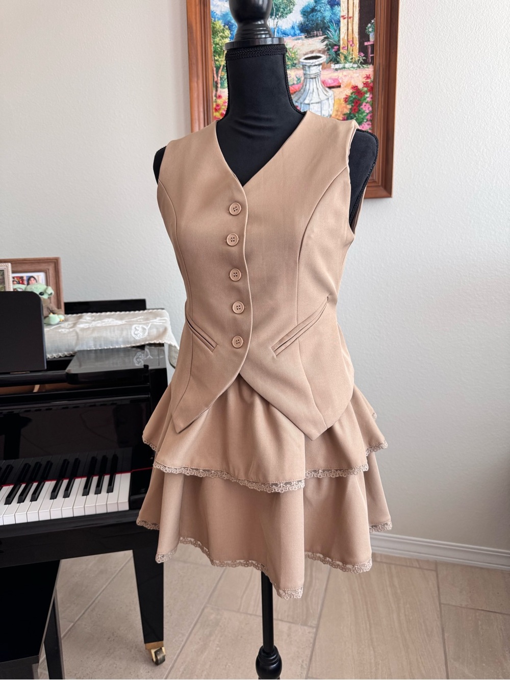 Classic Tan Tiered 2-pc Dress with Buttoned Vest - Picture 2 of 14